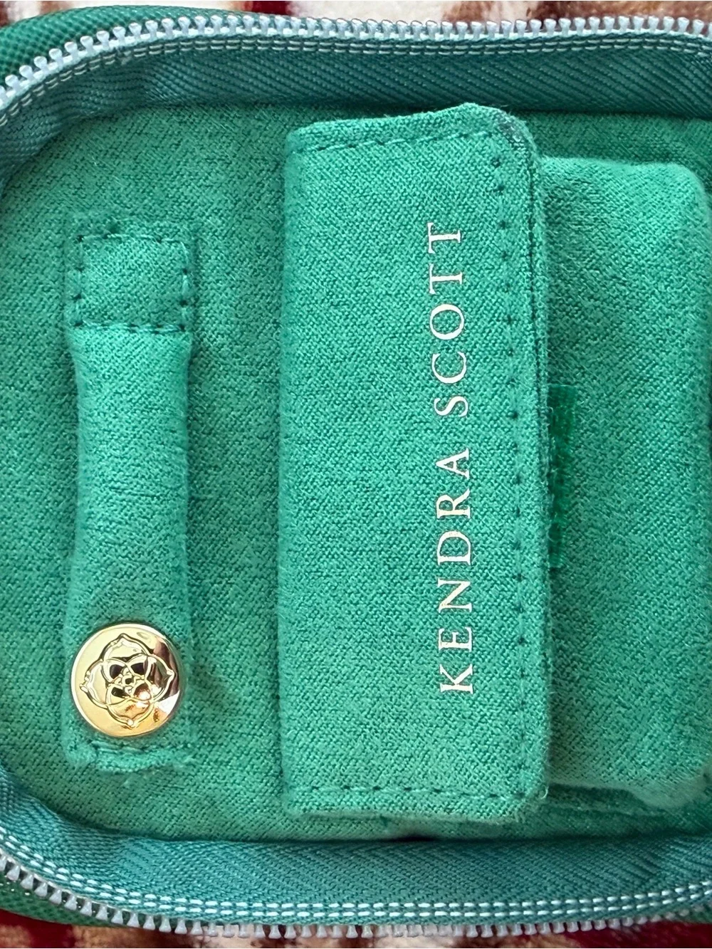 Kendra Scott Small Green Zip Travel Jewelry Case Organizer Gold Tone